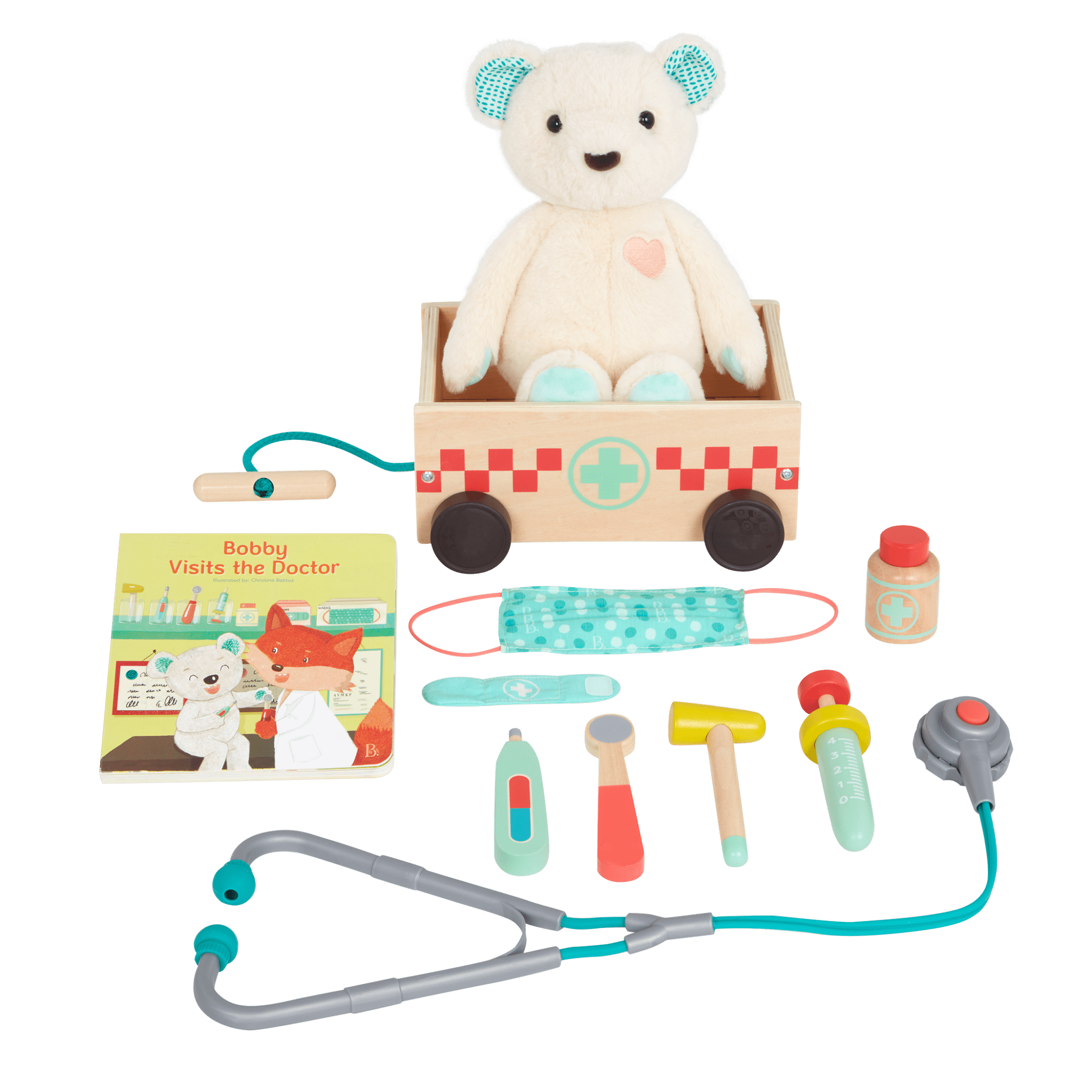 Bobby Bear Playset | Doctor Kit, Plush Bear & Book | B. toys