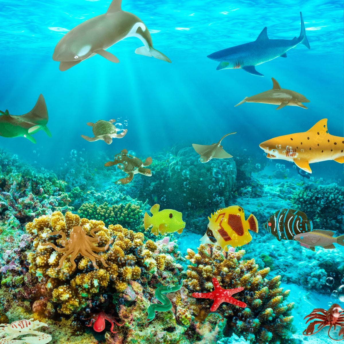 An Ocean Setting with ocean animal toys swimming