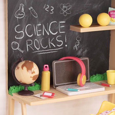 Work desk and chalkboard.