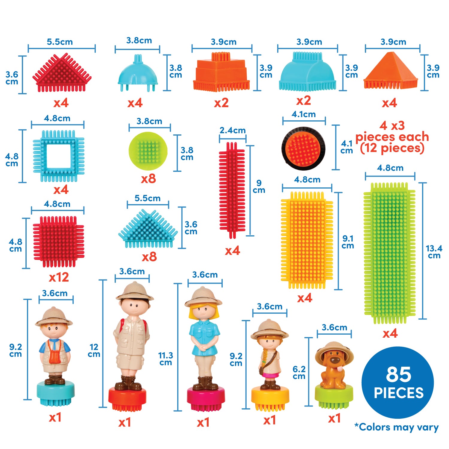 Colorful building blocks laid out, so you can see all 85 pieces.