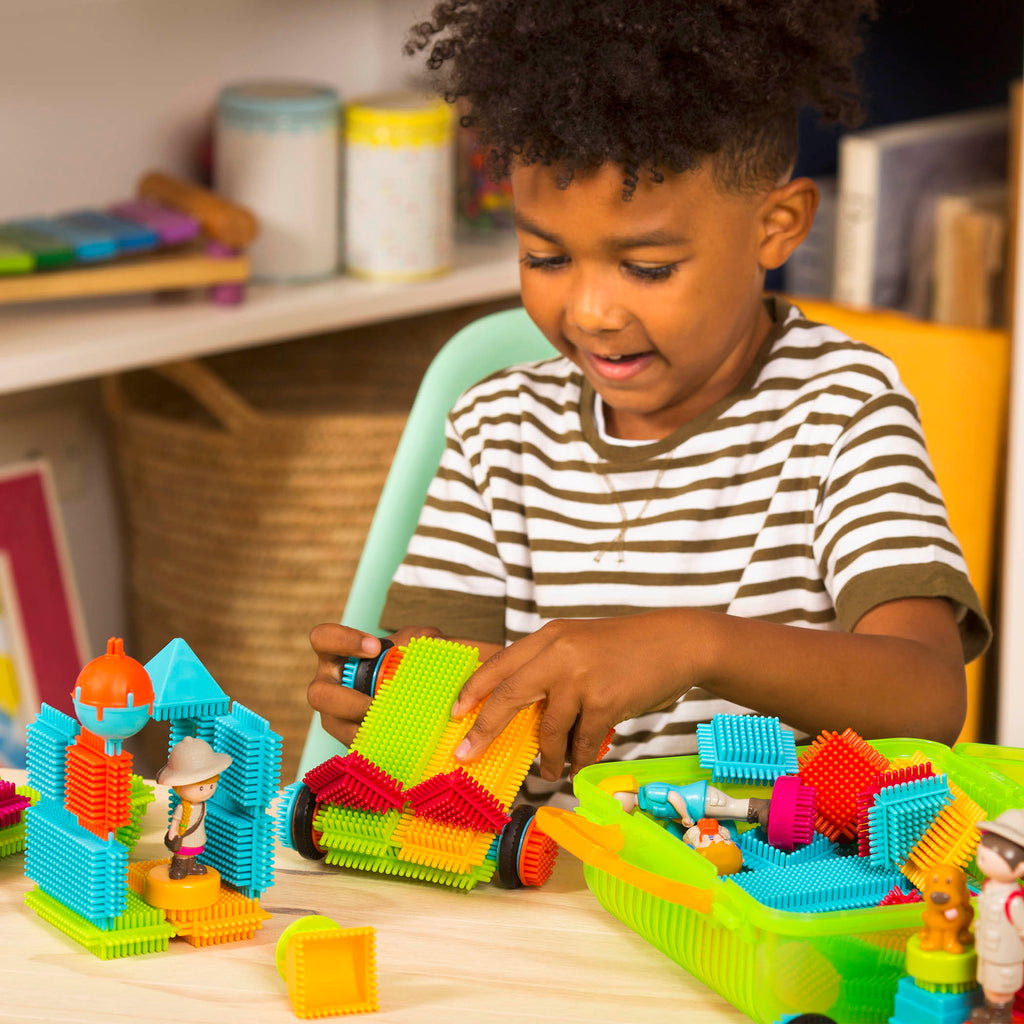 Colorful building blocks laid out, so you can see all 85 pieces.