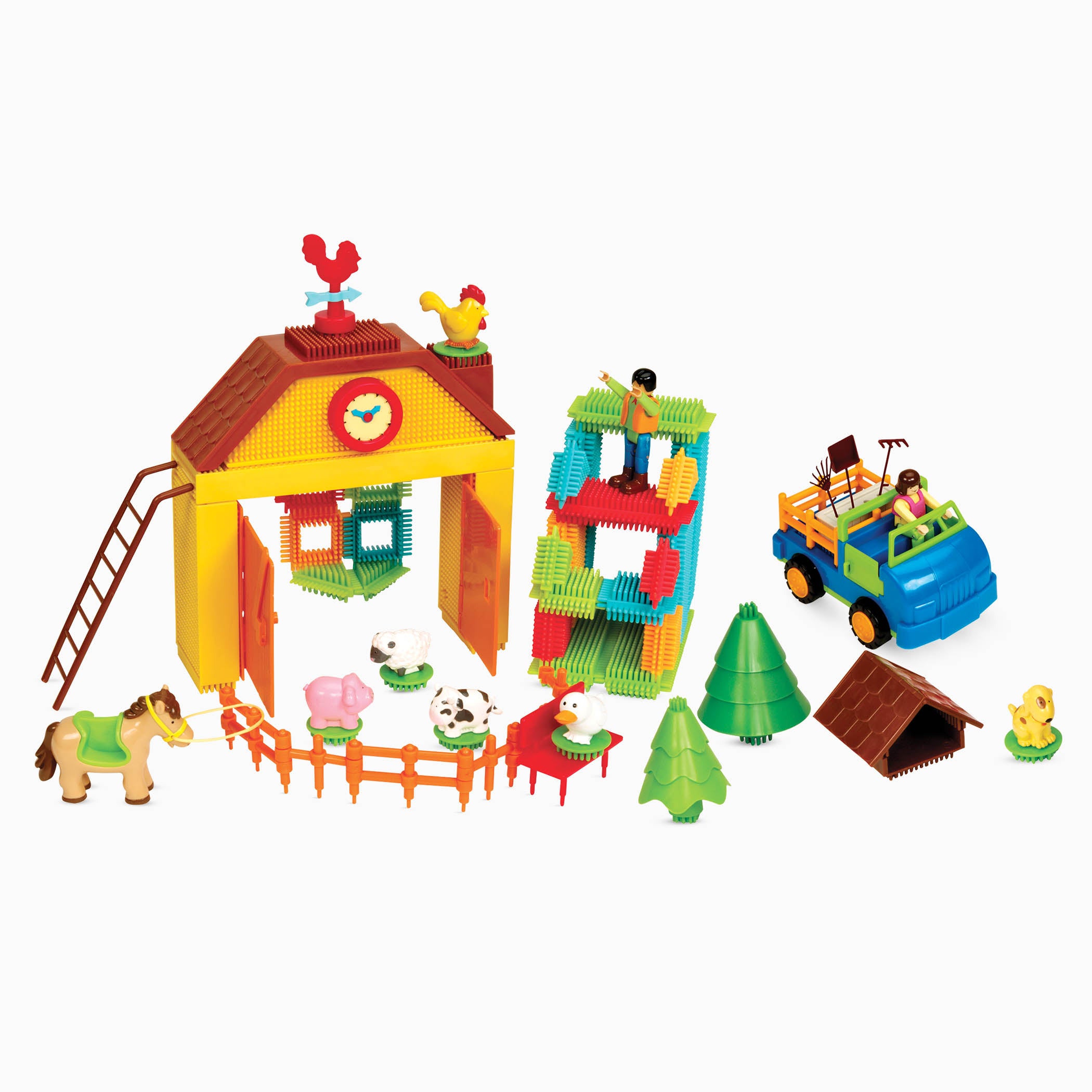 A 67-piece building block set with a farm theme, the set is laid out to show all the pieces, including animals, trees, and tractor.