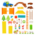 A 67-piece building block set with a farm theme, the set is laid out to show all the pieces, including animals, trees, and tractor.