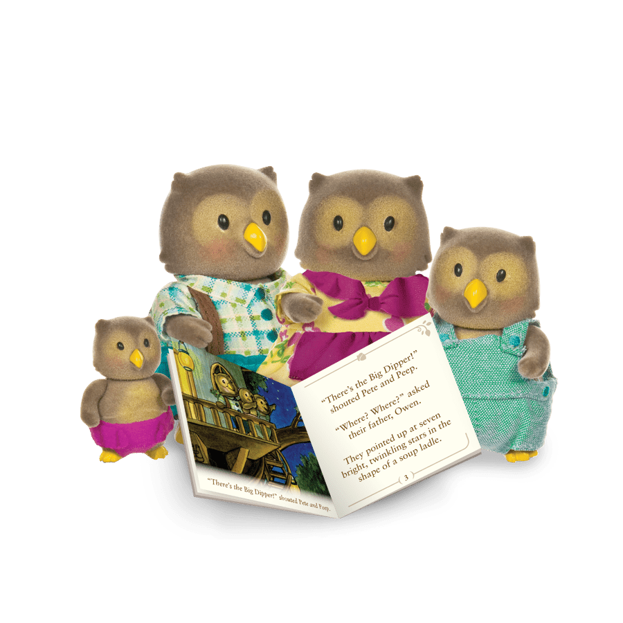 Miniature owl figurine set with storybook