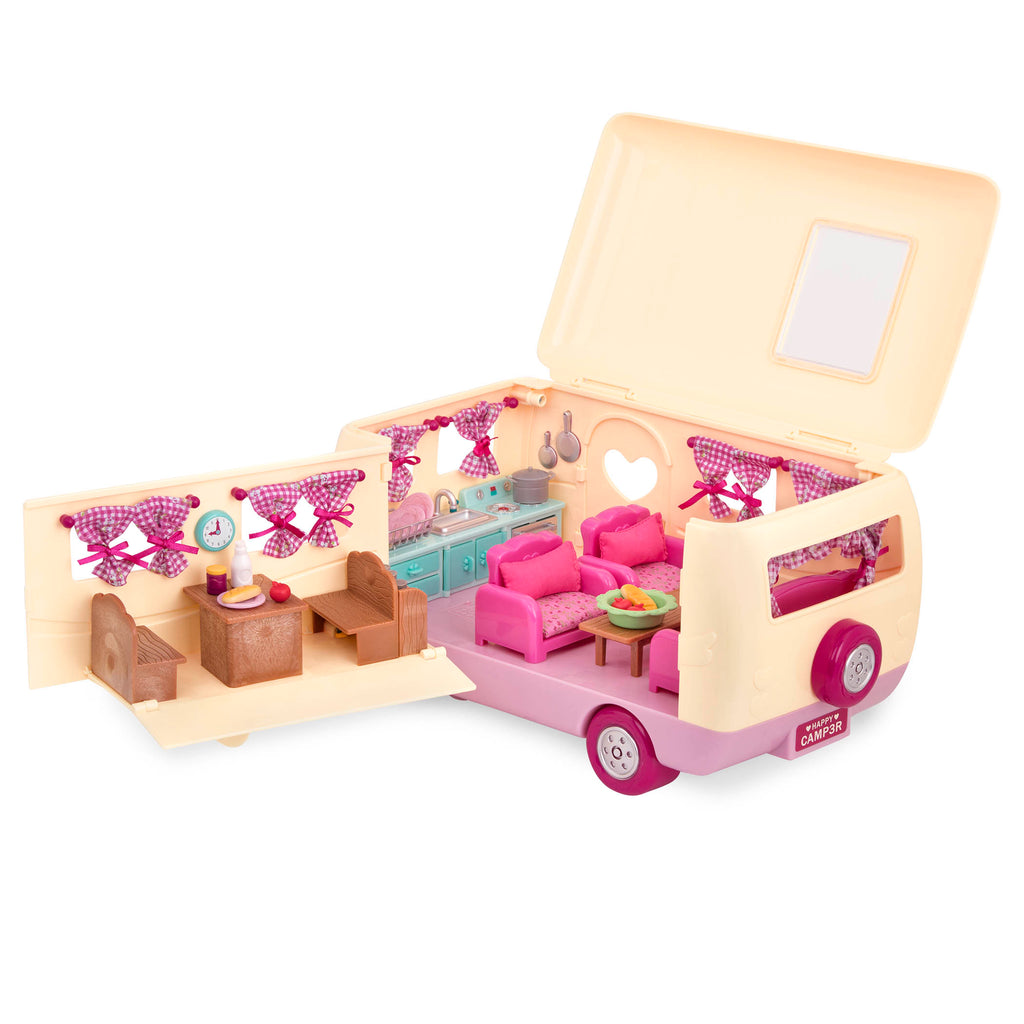 Toy camper playset with pink car and moose family inside.