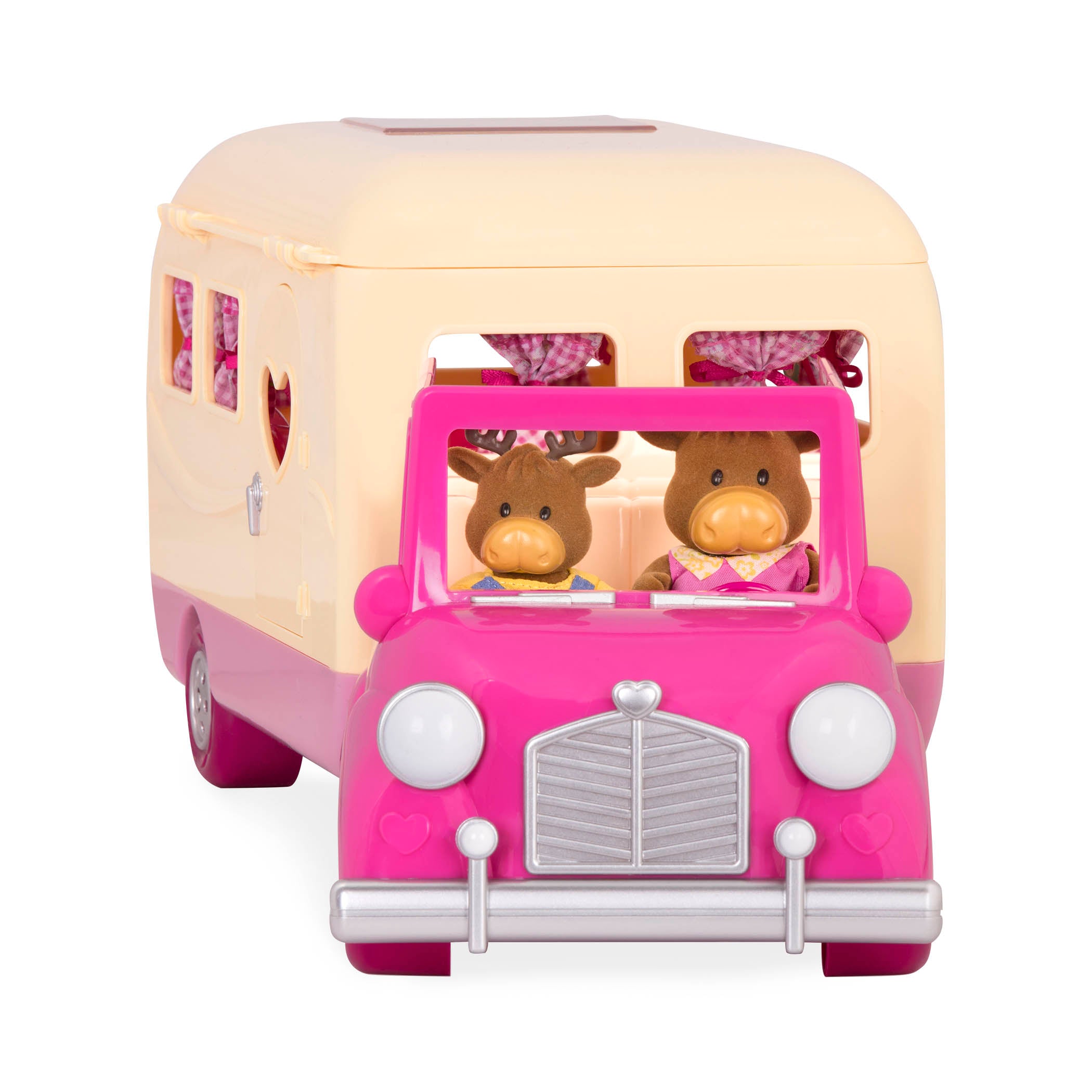 Toy camper playset with pink car and moose family inside.