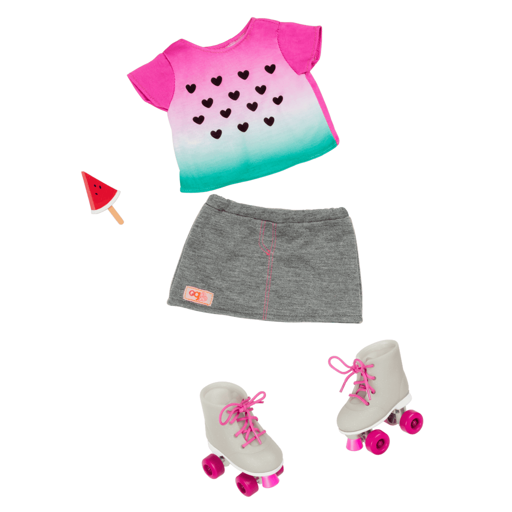 Watermelon-themed roller skating outfit for 18-inch doll