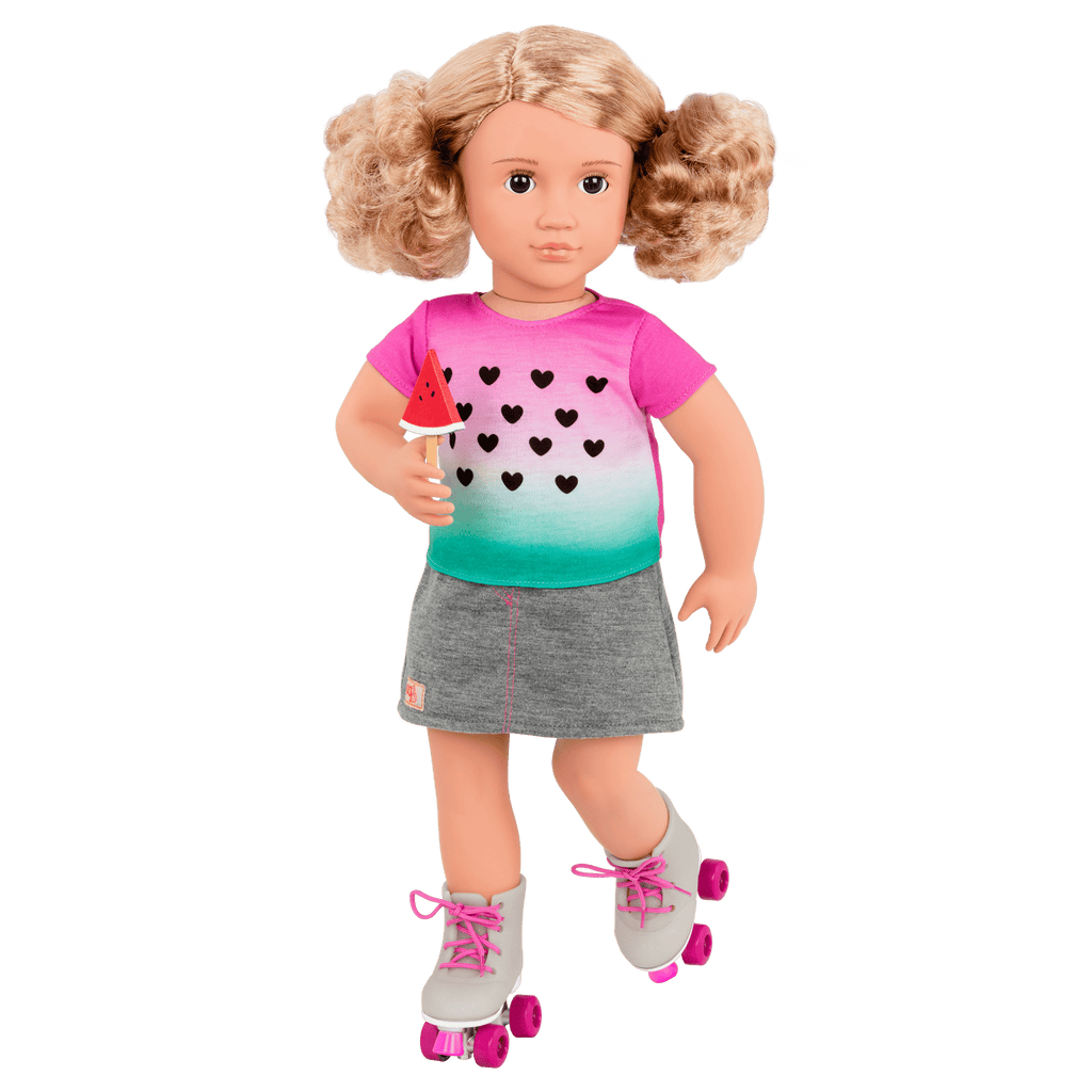 Watermelon-themed roller skating outfit for 18-inch doll