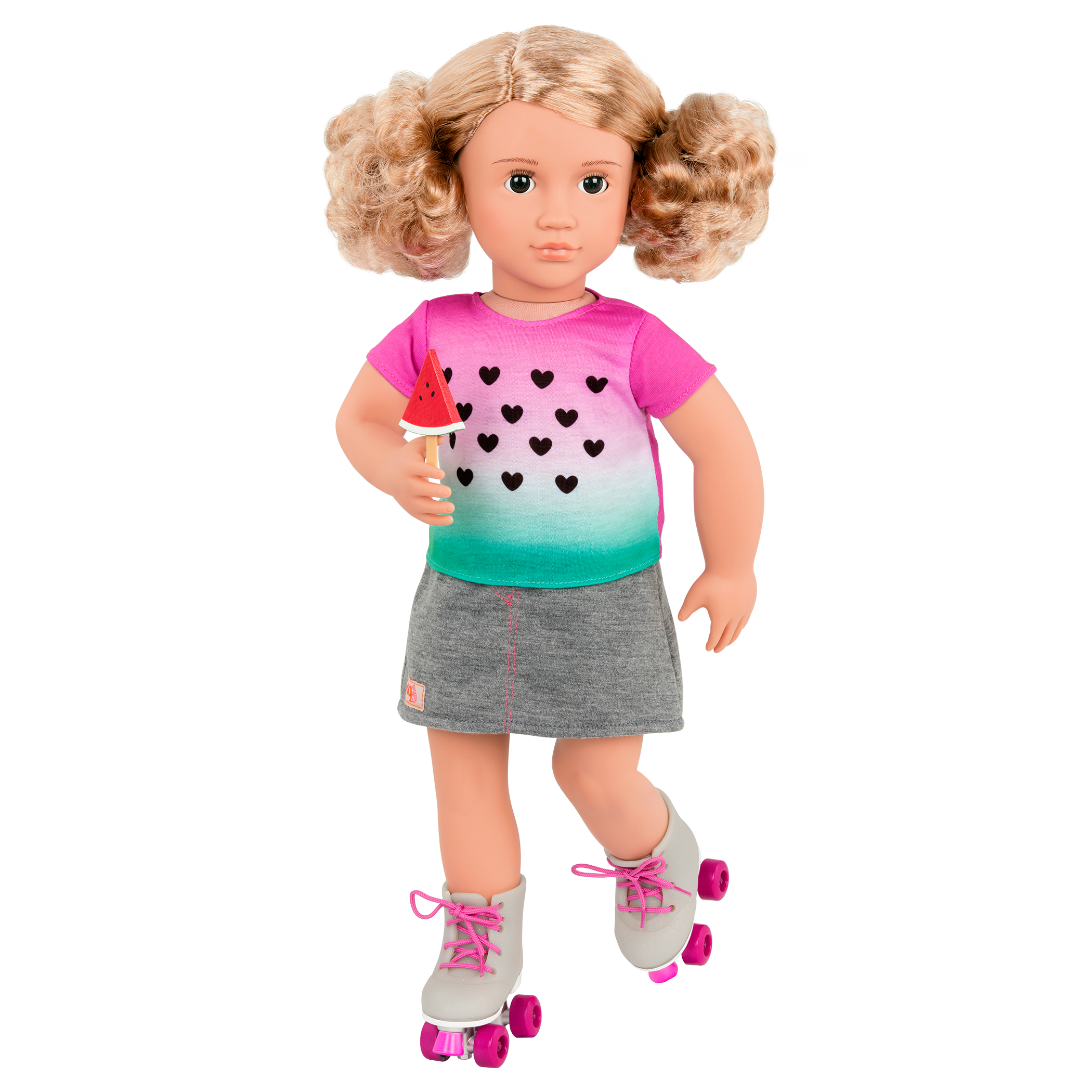 Watermelon-themed roller skating outfit for 18-inch doll