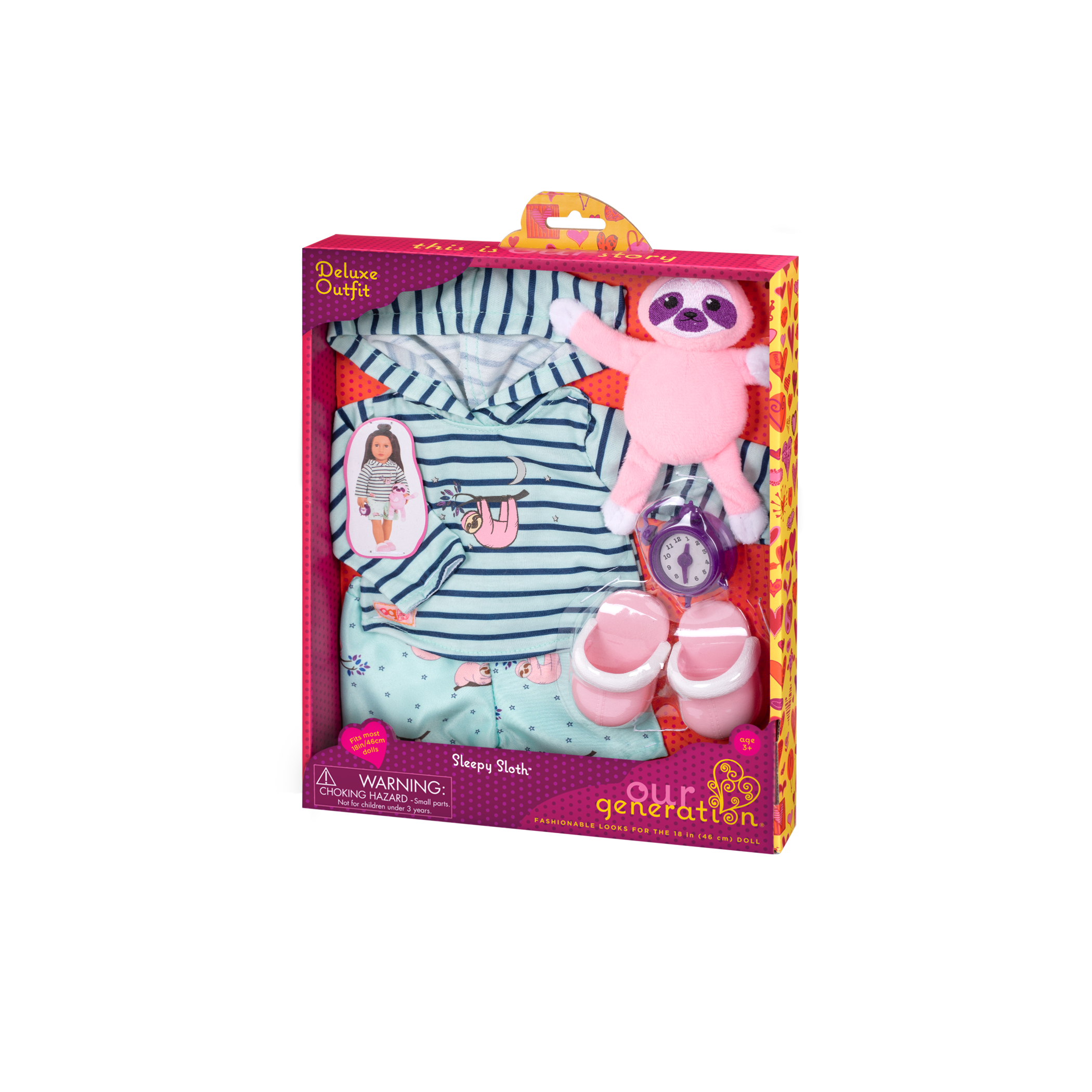 Sloth-themed pajamas with sloth plushie and alarm clock for 18-inch doll