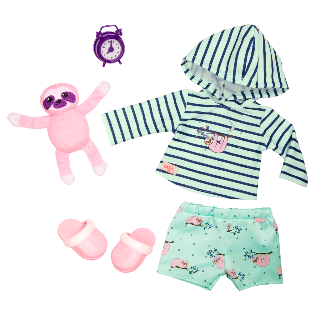 Sloth-themed pajamas with sloth plushie and alarm clock for 18-inch doll
