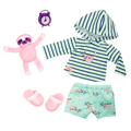 Sloth-themed pajamas with sloth plushie and alarm clock for 18-inch doll