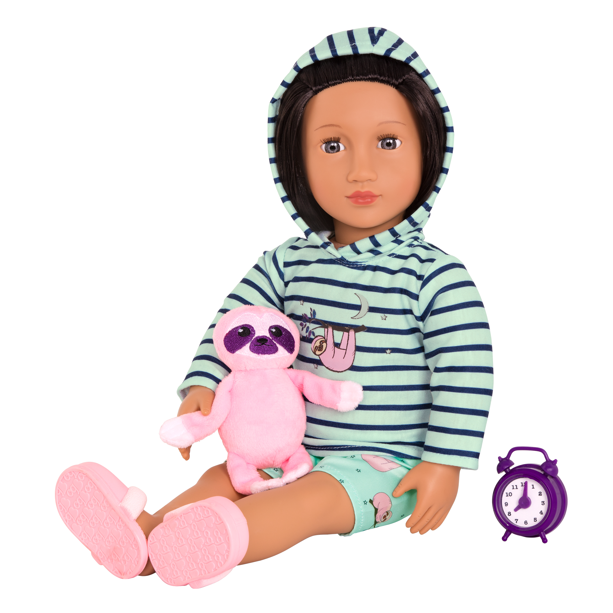 Sloth-themed pajamas with sloth plushie and alarm clock for 18-inch doll