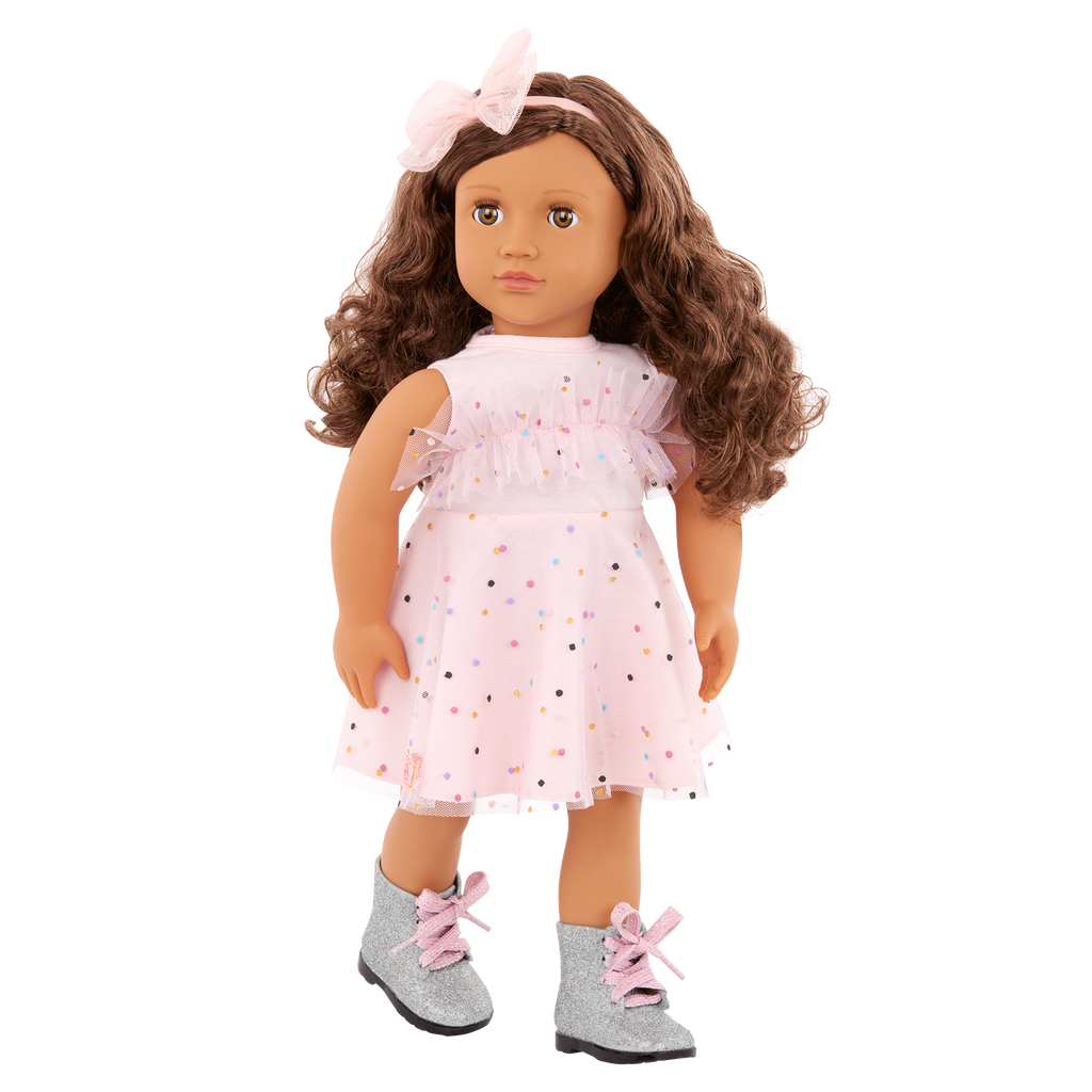 Our Generation Pink & Colorful Outfit for 18" Doll including dress, boots and headband