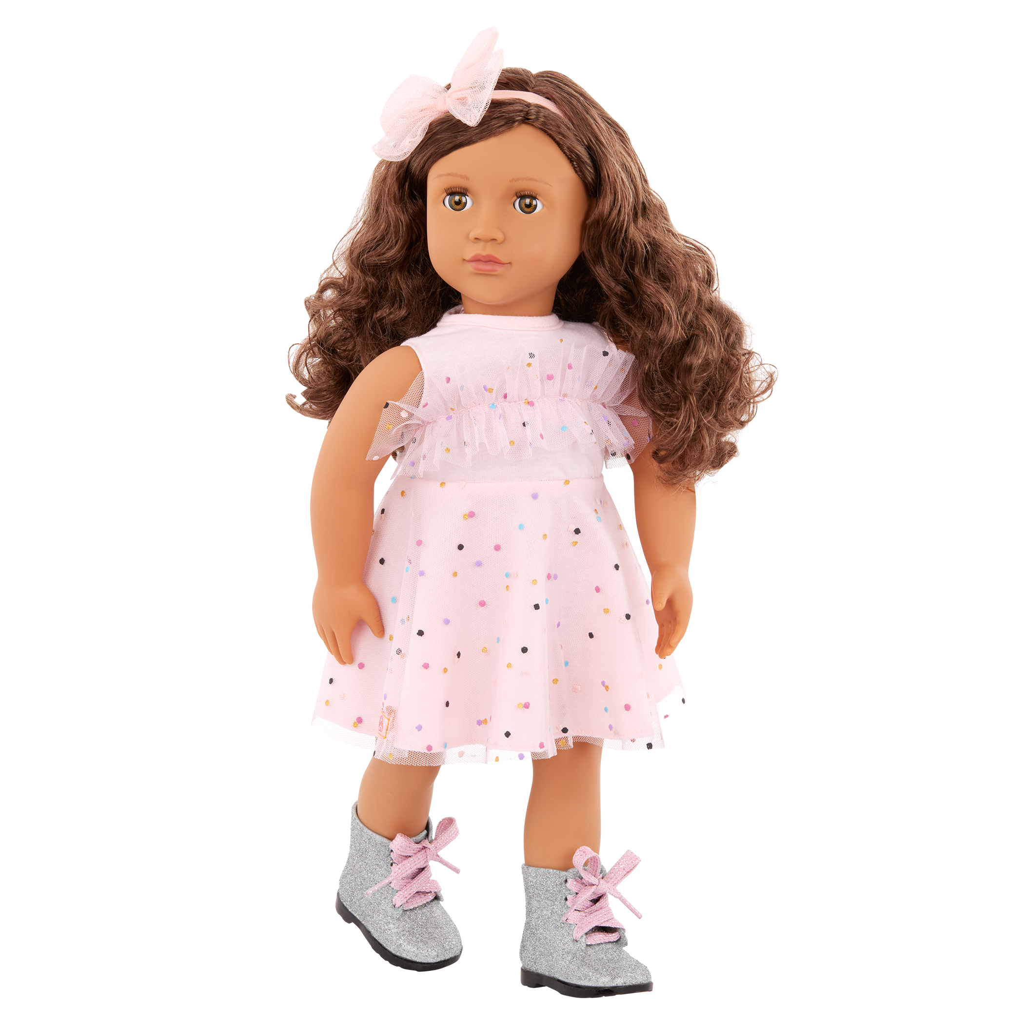 Our Generation Pink & Colorful Outfit for 18" Doll including dress, boots and headband