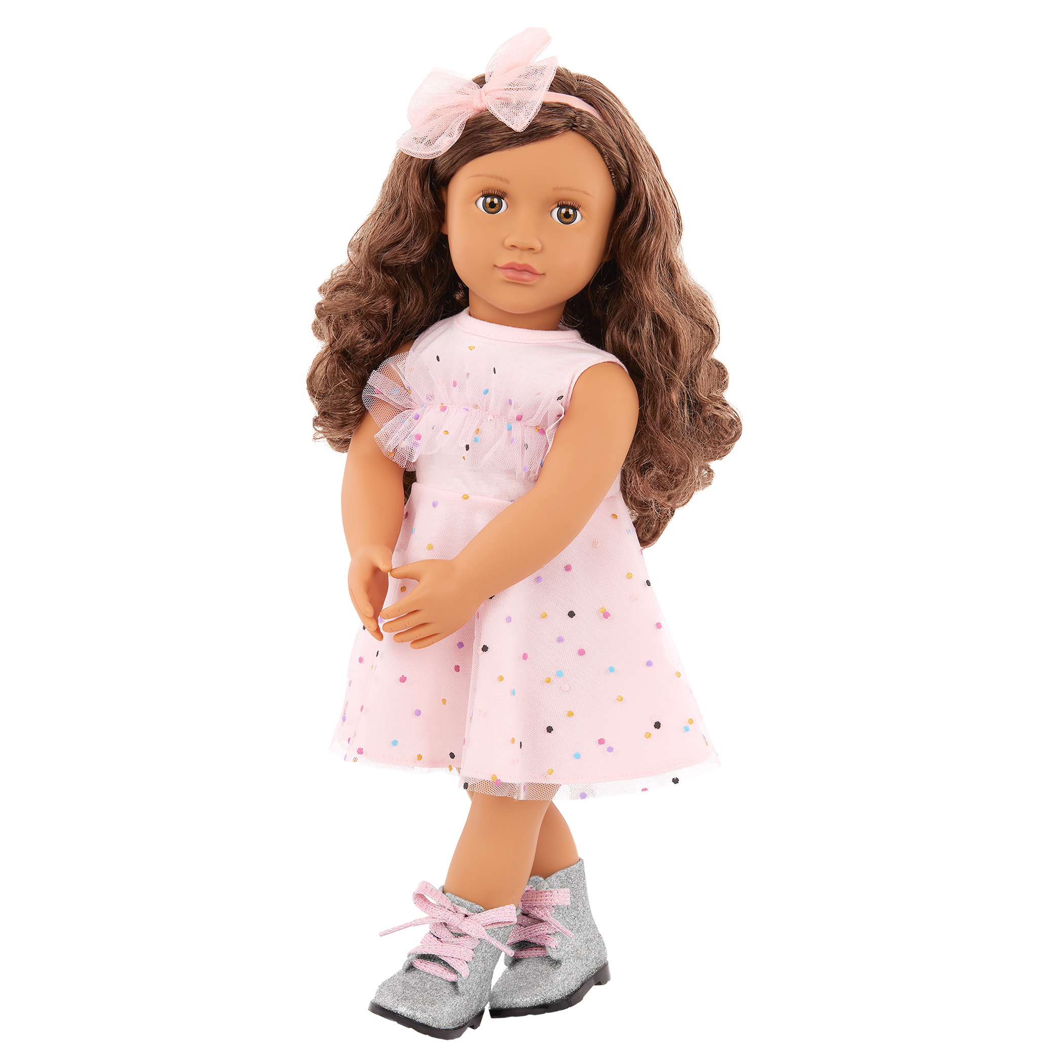 Our Generation Pink & Colorful Outfit for 18" Doll including dress, boots and headband