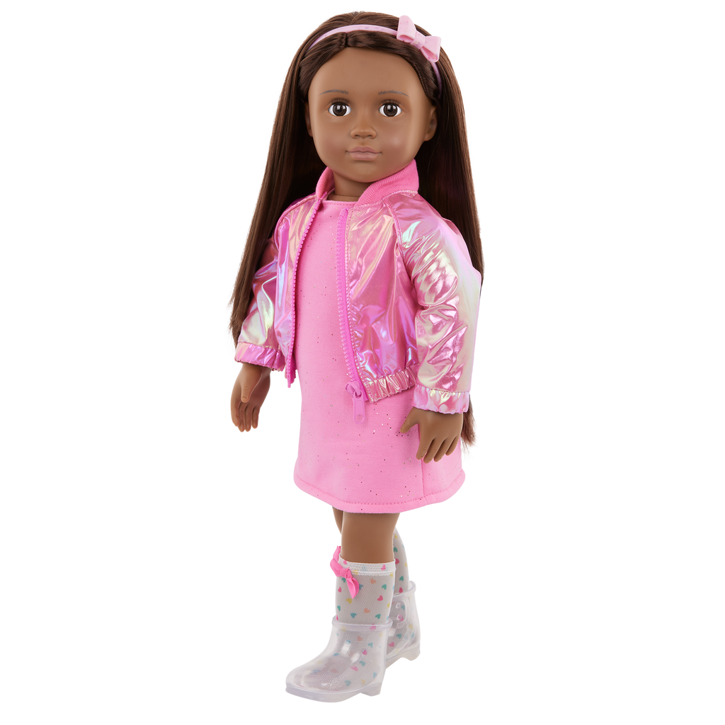 Our Generation Deluxe Outfit Splash of Pink including pink dress, shiny pink jacket, socks boots and headband