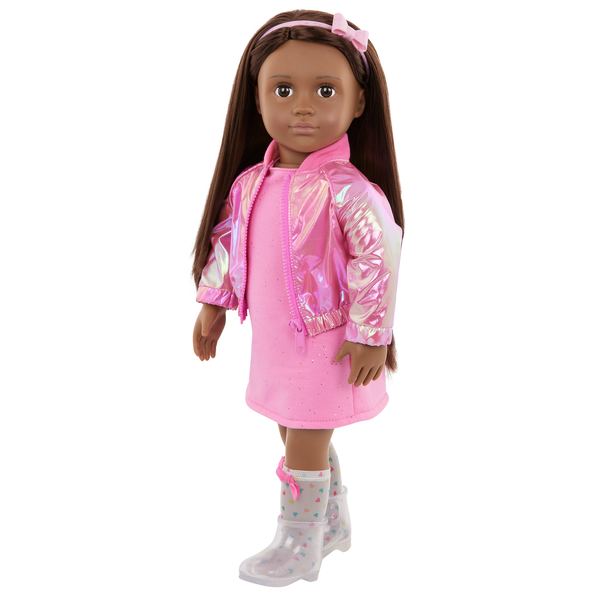 Our Generation Deluxe Outfit Splash of Pink including pink dress, shiny pink jacket, socks boots and headband