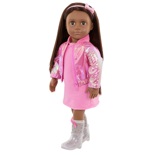Our Generation Deluxe Outfit Splash of Pink including pink dress, shiny pink jacket, socks boots and headband