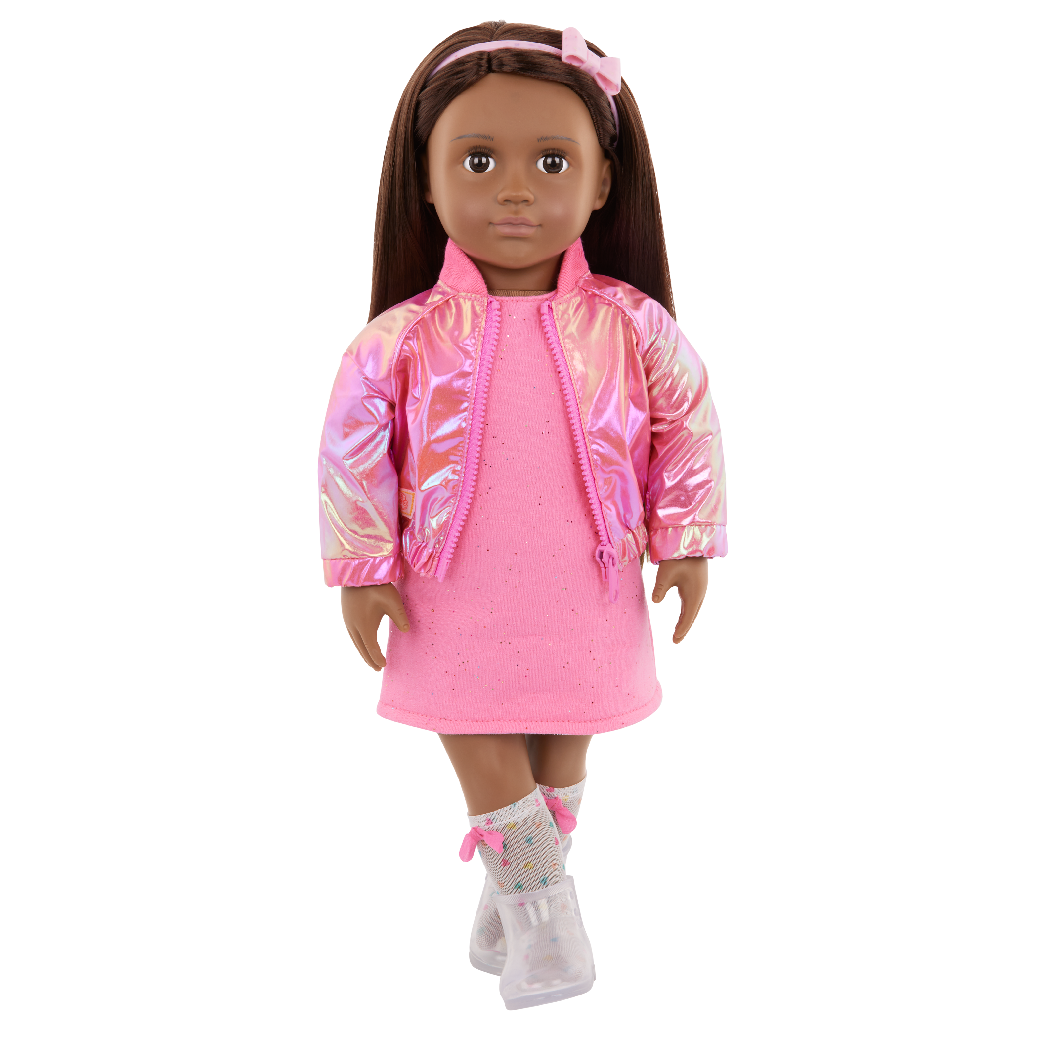 Our Generation Deluxe Outfit Splash of Pink including pink dress, shiny pink jacket, socks boots and headband
