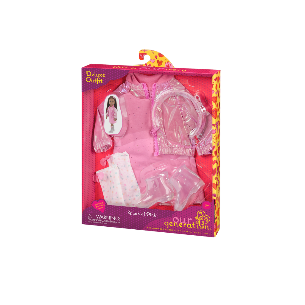 Our Generation Deluxe Outfit Splash of Pink including pink dress, shiny pink jacket, socks boots and headband