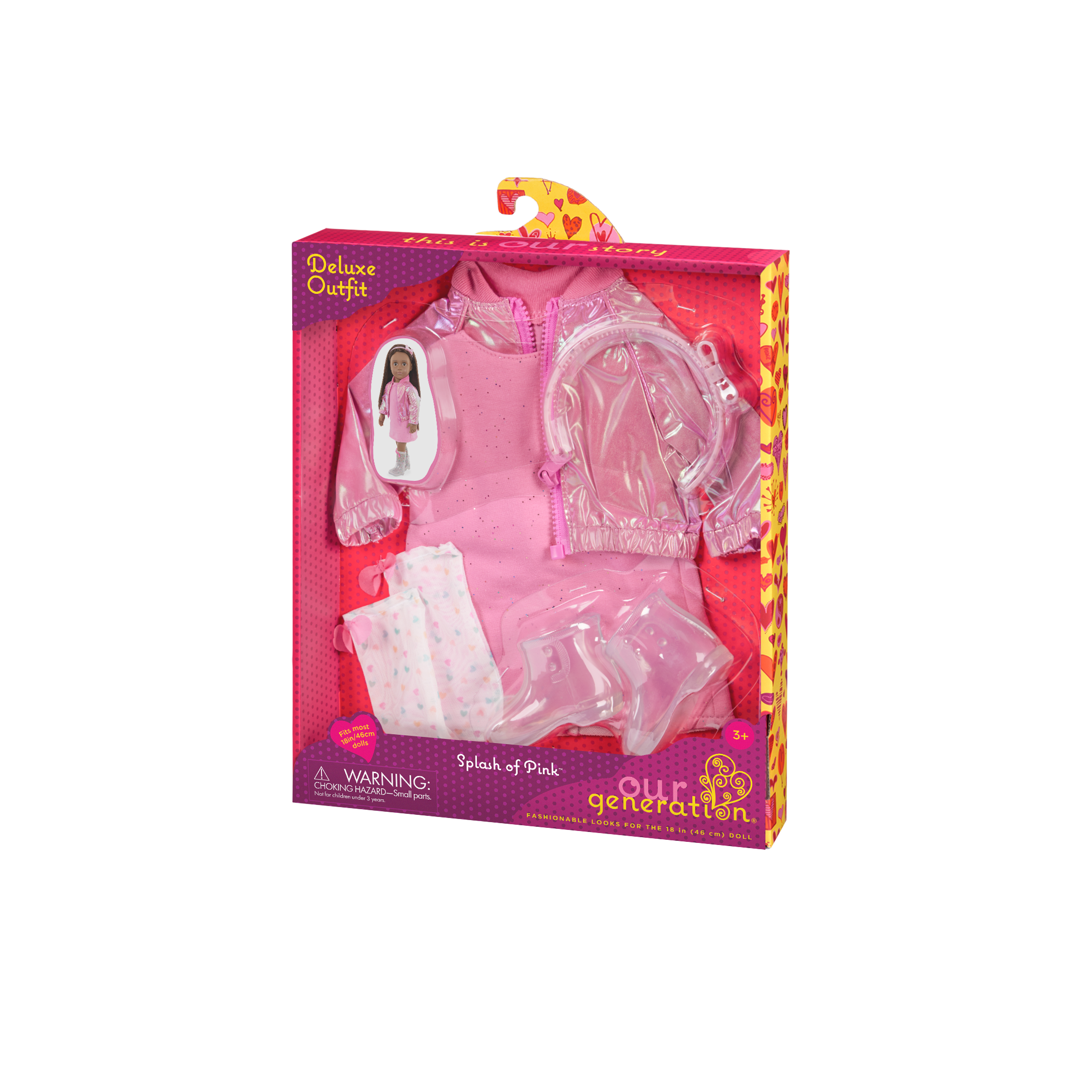 Our Generation Deluxe Outfit Splash of Pink including pink dress, shiny pink jacket, socks boots and headband