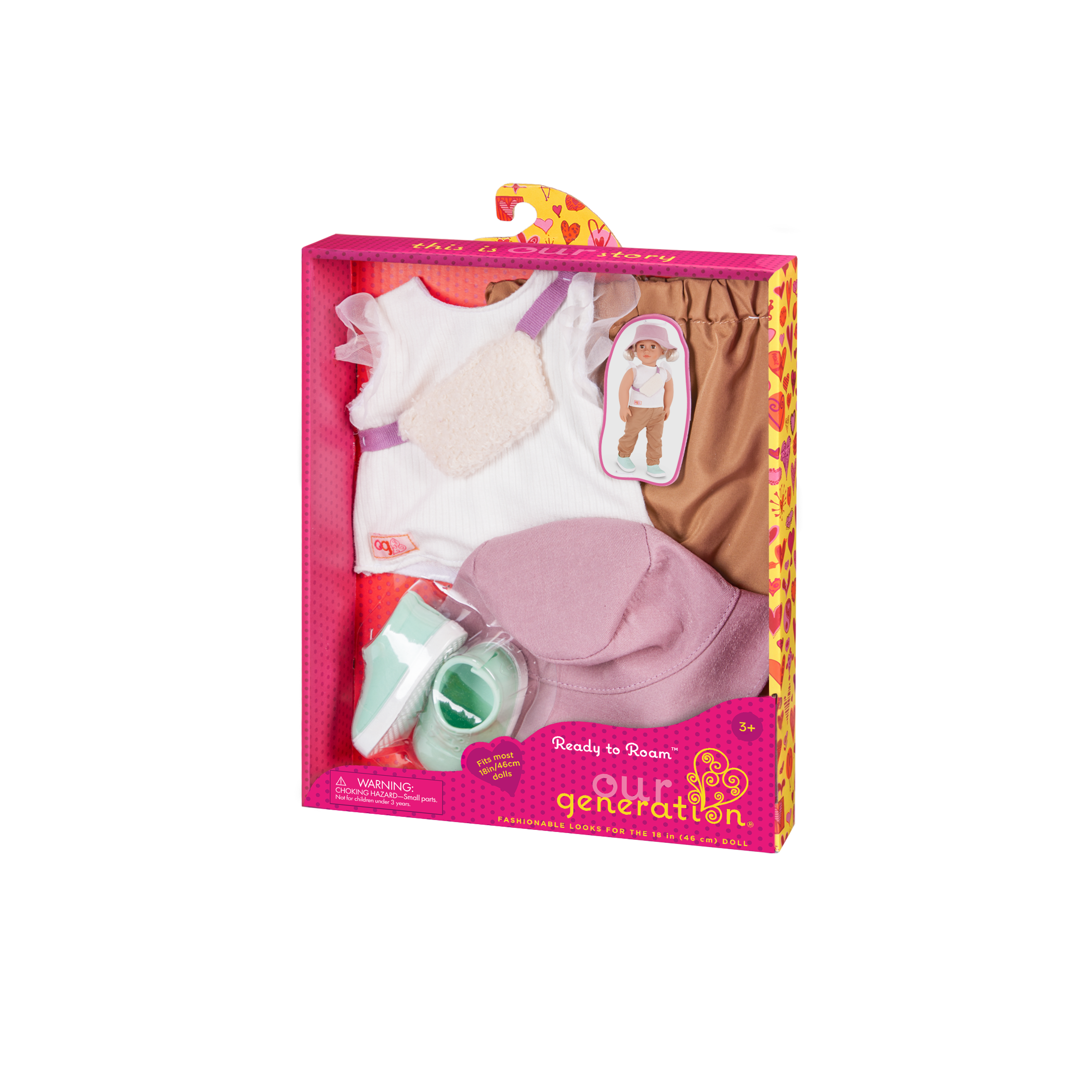 Our Generation 18-inch Doll Roam Outfit including pants, top, hat, shoes and bag