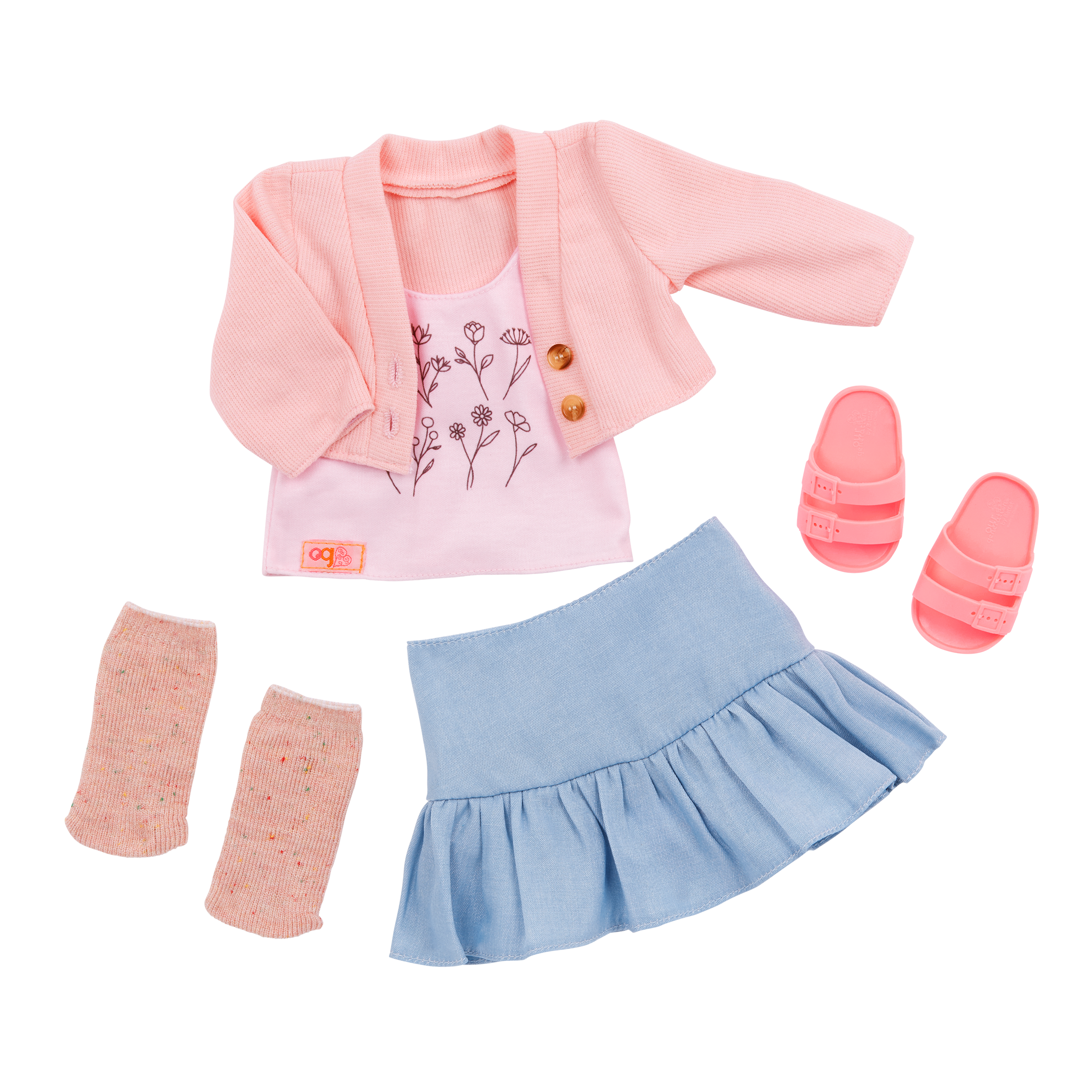 Our Generation Country Charm Outfit for an 18-inch Dolls including a top, skirt, socks and sandals