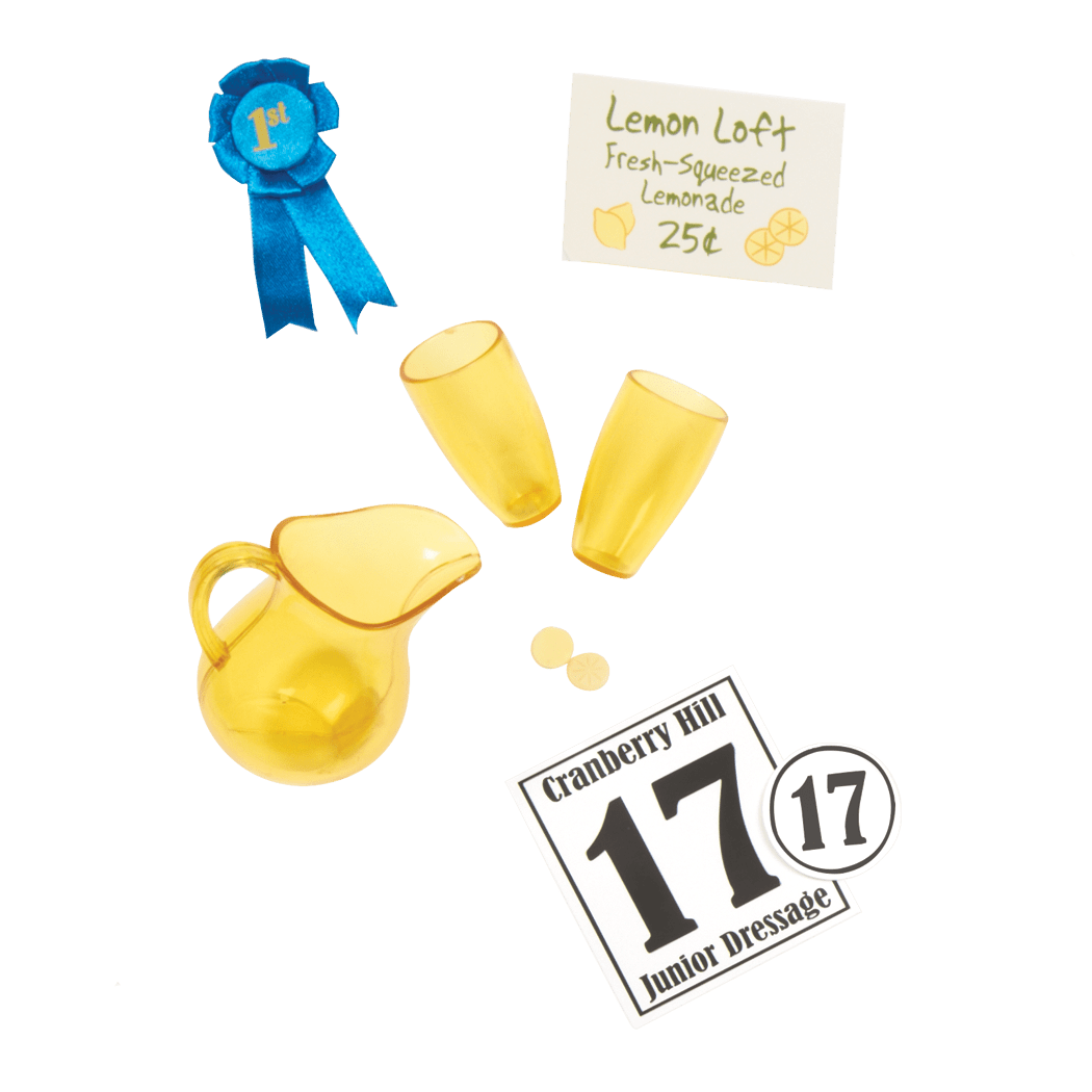 18-inch equestrian doll with blonde hair, blue eyes, lemonade accessories and storybook