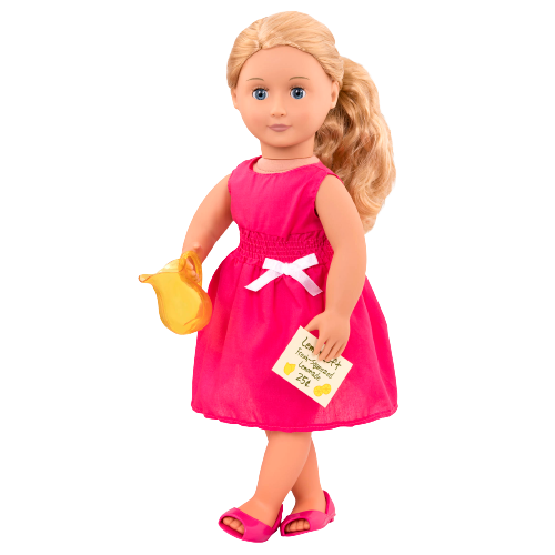 18-inch equestrian doll with blonde hair, blue eyes, lemonade accessories and storybook