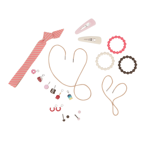 18-inch doll with blonde hair, gray eyes, jewelry and stand