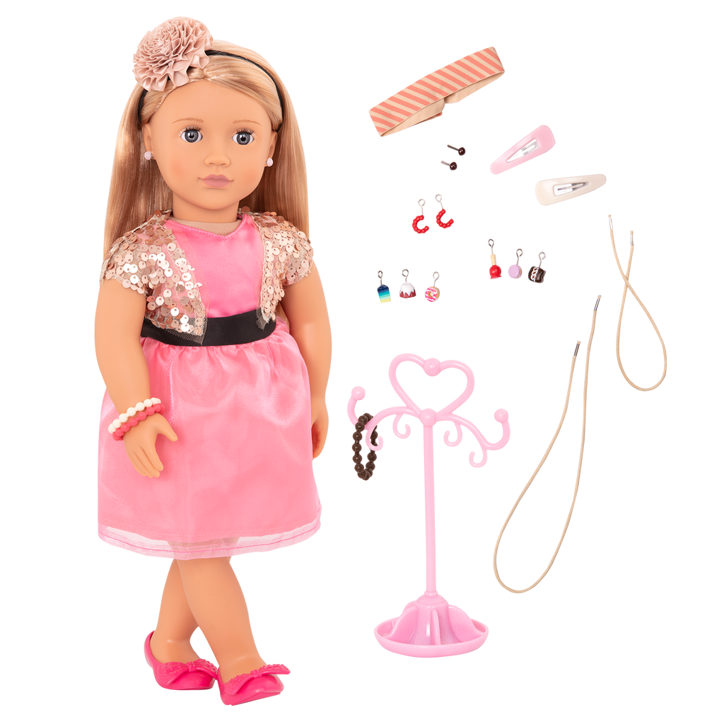 18-inch doll with blonde hair, gray eyes, jewelry and stand