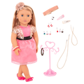 18-inch doll with blonde hair, gray eyes, jewelry and stand