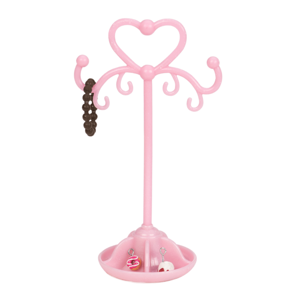 18-inch doll with blonde hair, gray eyes, jewelry and stand