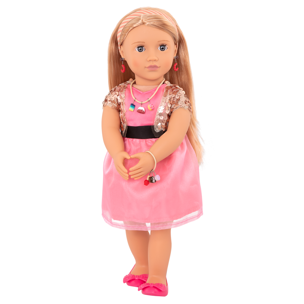 18-inch doll with blonde hair, gray eyes, jewelry and stand