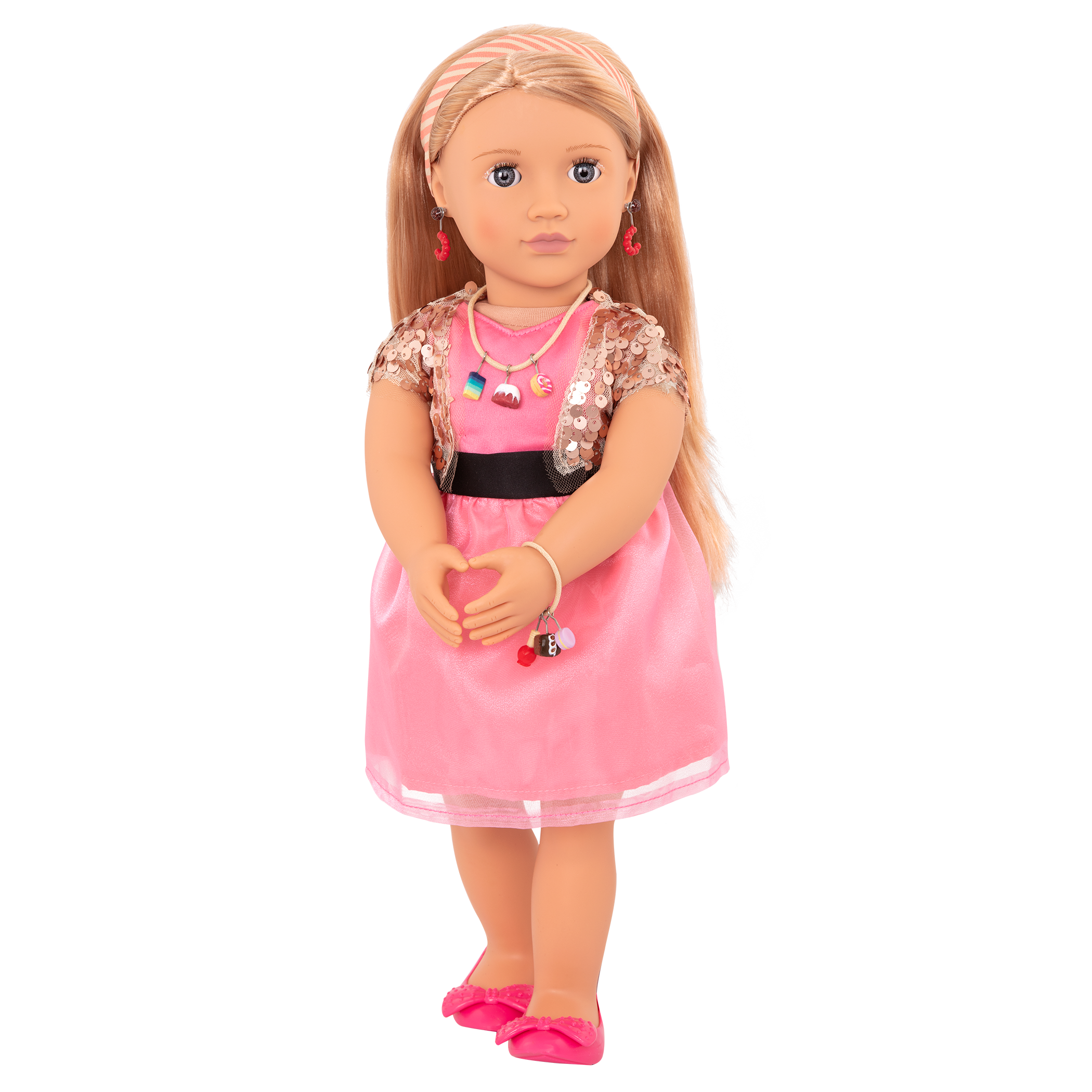 18-inch doll with blonde hair, gray eyes, jewelry and stand