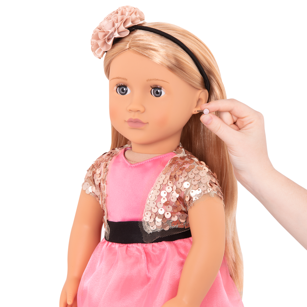 18-inch doll with blonde hair, gray eyes, jewelry and stand