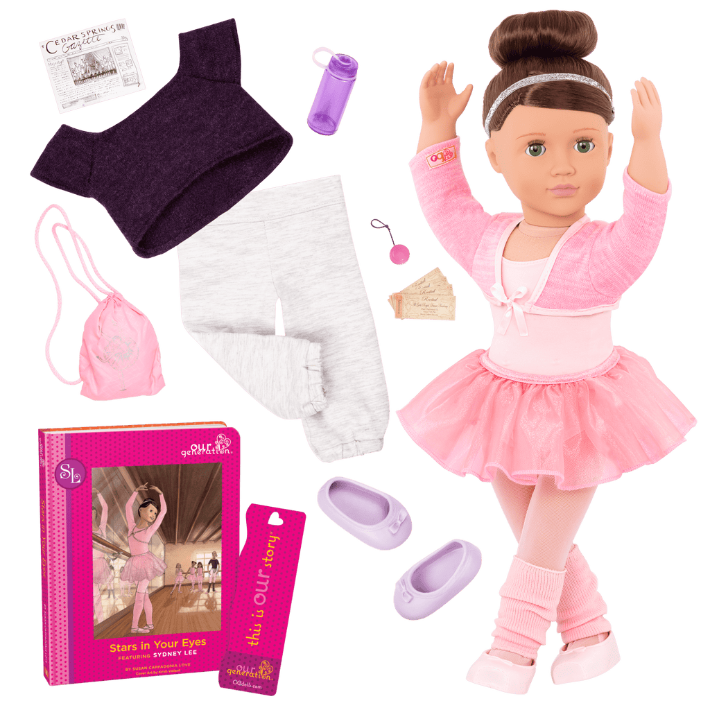 18-inch doll with brown hair, green eyes, ballerina accessories and storybook