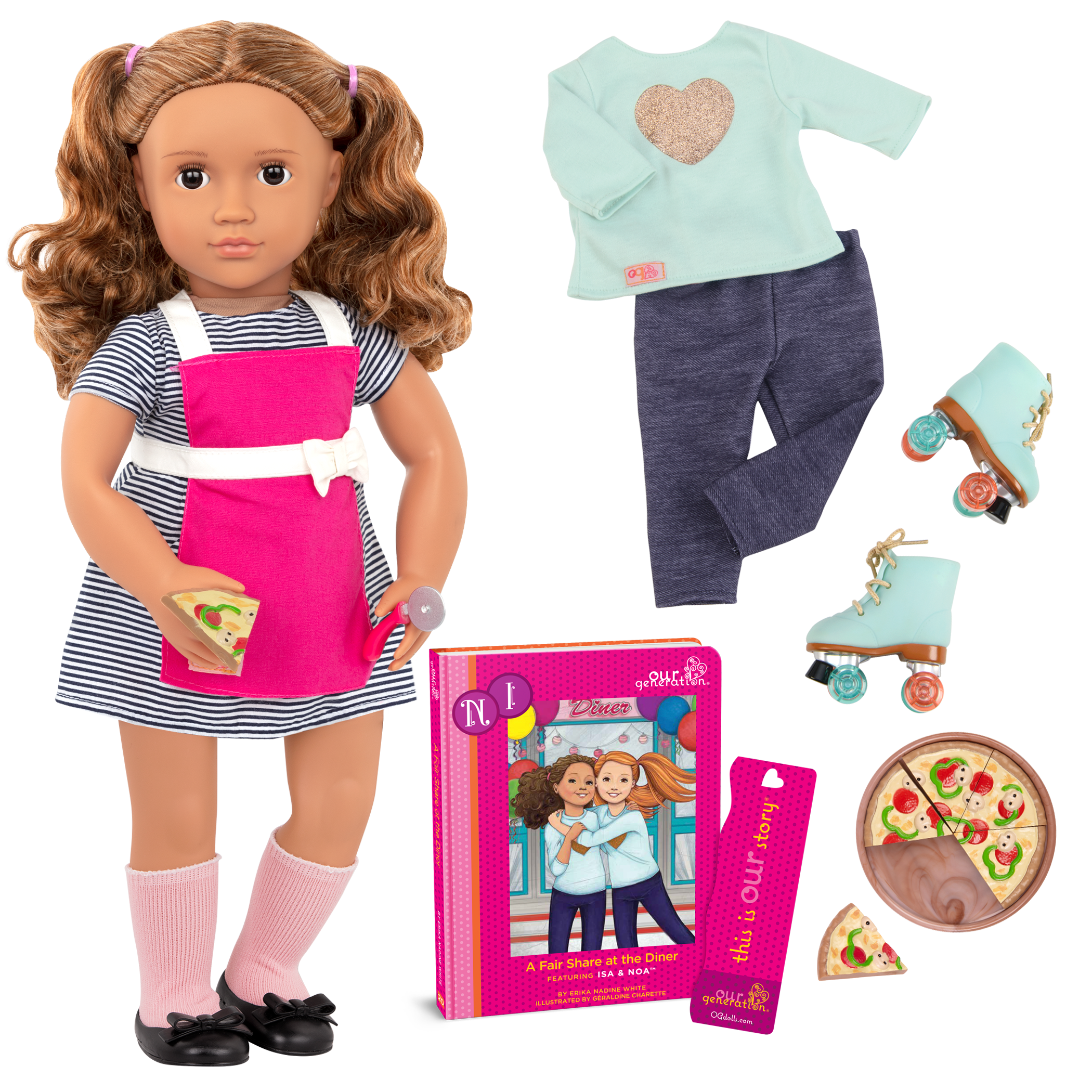 18-inch doll with light-brown hair, brown eyes, diner accessories and storybook