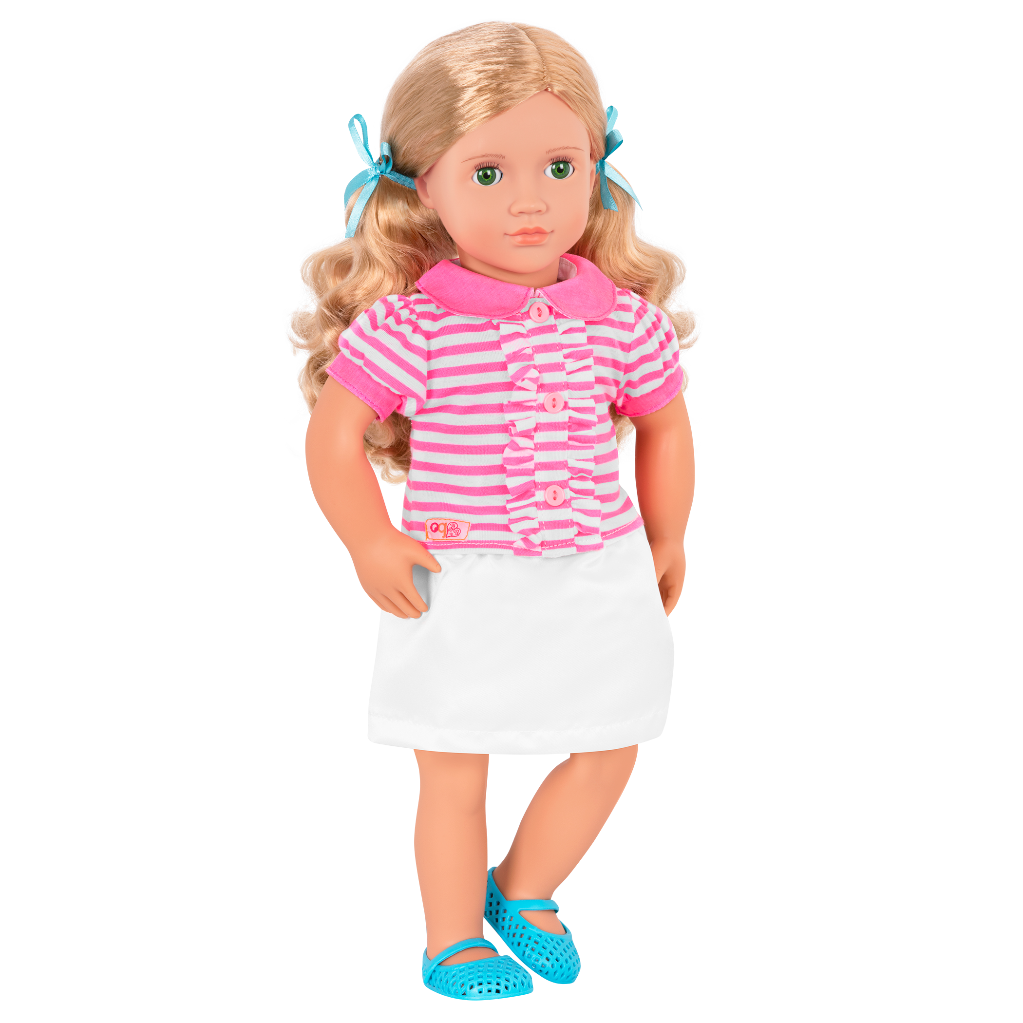 18-inch doll with blonde hair, green eyes, baking accessories and storybook