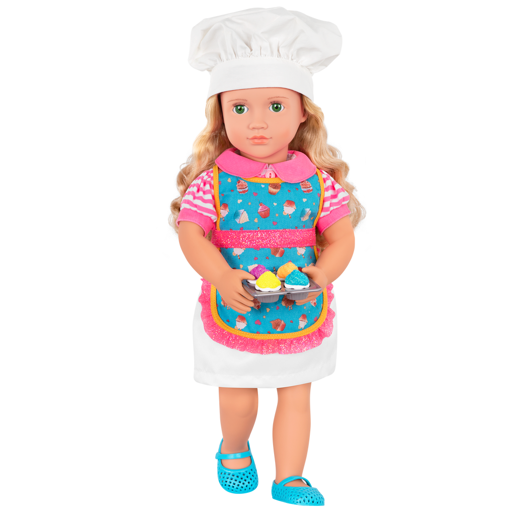 18-inch doll with blonde hair, green eyes, baking accessories and storybook