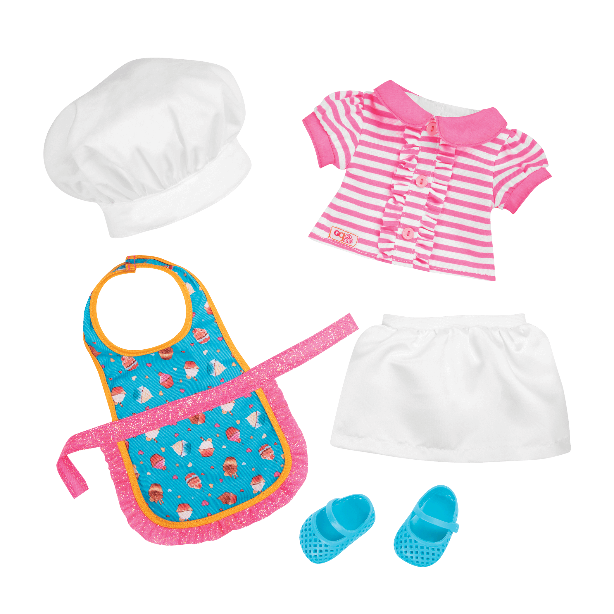 18-inch doll with blonde hair, green eyes, baking accessories and storybook