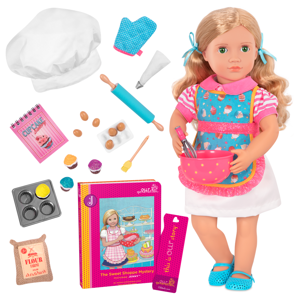 18-inch doll with blonde hair, green eyes, baking accessories and storybook