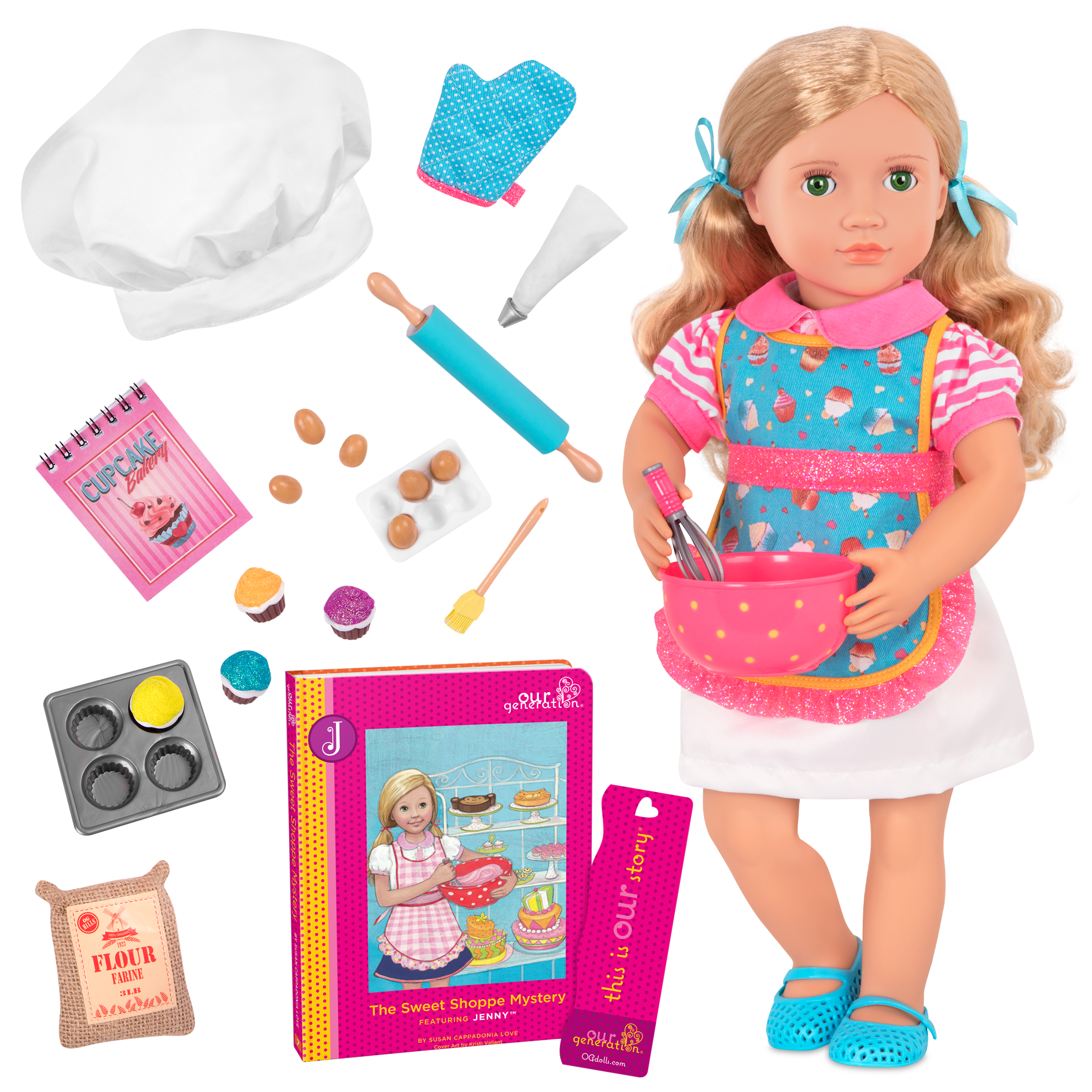18-inch doll with blonde hair, green eyes, baking accessories and storybook