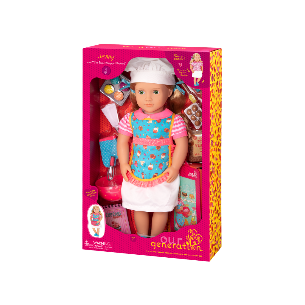 18-inch doll with blonde hair, green eyes, baking accessories and storybook