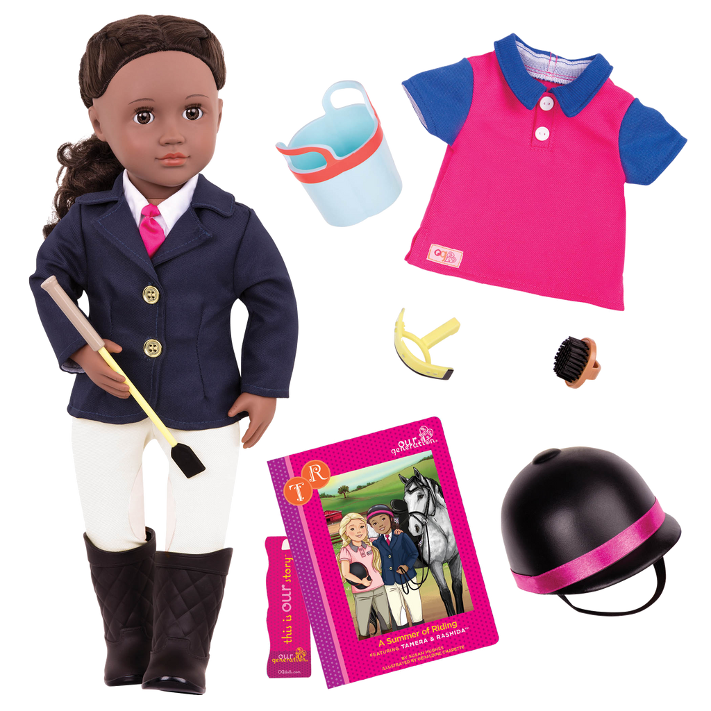 18-inch doll with dark-brown hair, brown eyes, equestrian accessories and storybook