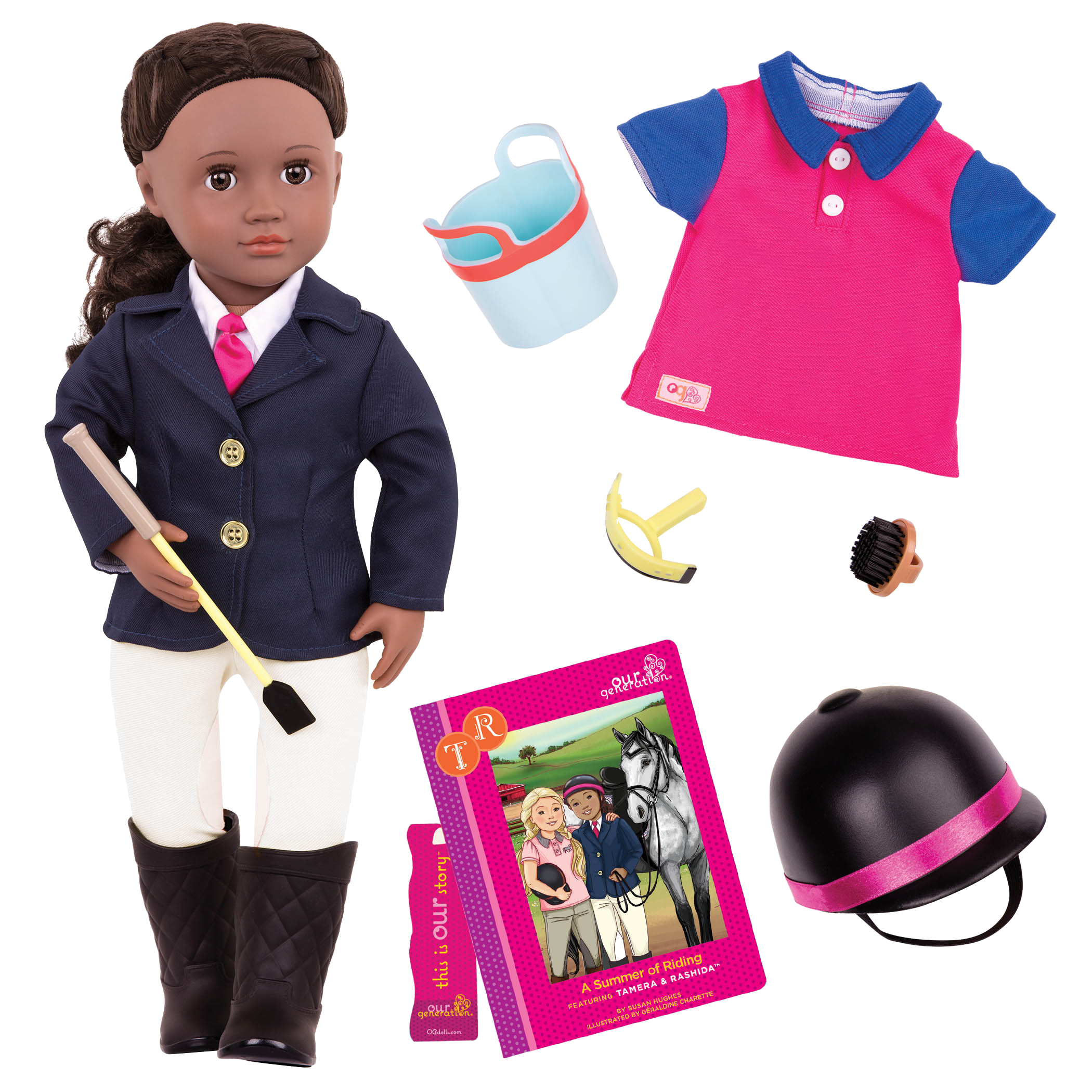 18-inch doll with dark-brown hair, brown eyes, equestrian accessories and storybook
