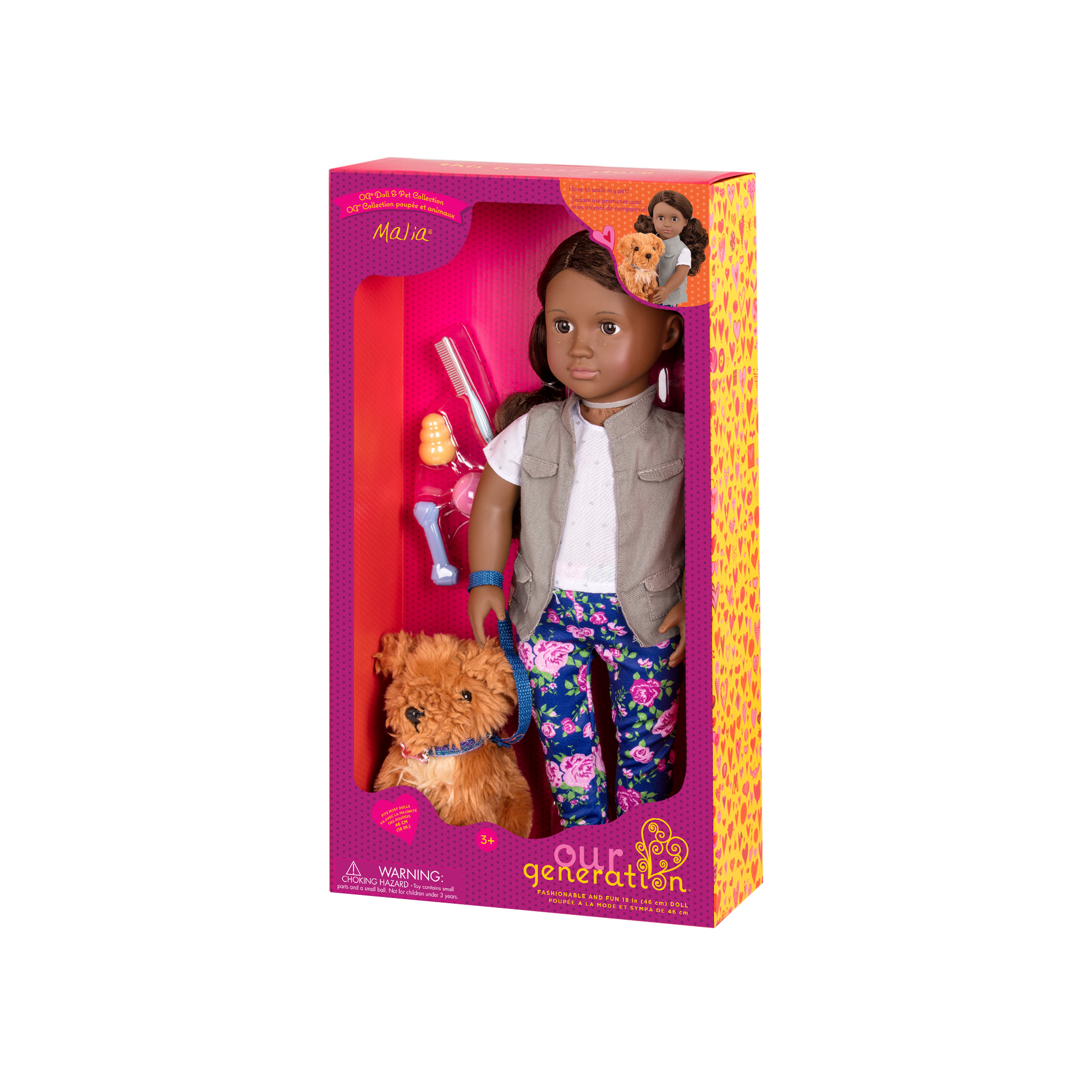 18-inch doll with brown hair and brown eyes walking poodle dog plushie