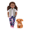 18-inch doll with brown hair and brown eyes walking poodle dog plushie