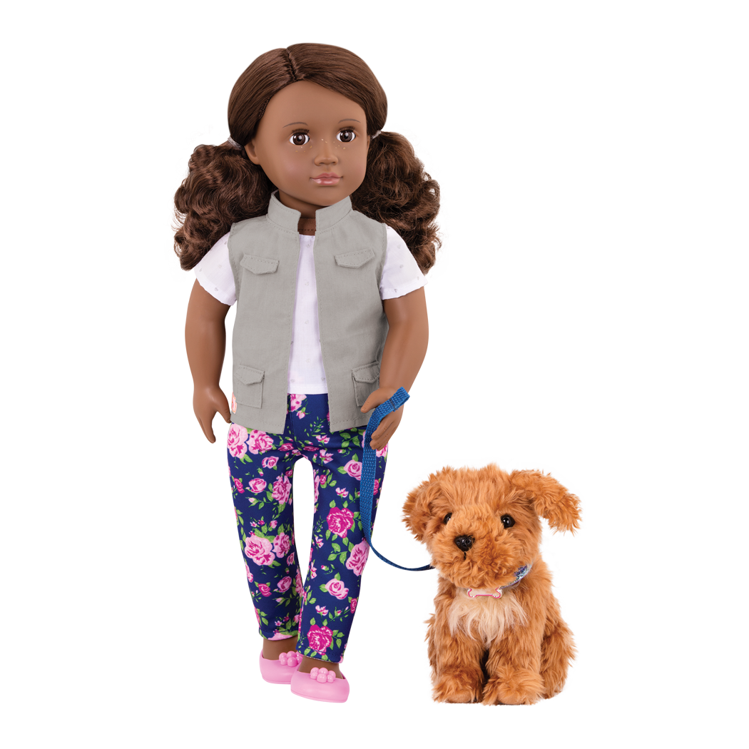 18-inch doll with brown hair and brown eyes walking poodle dog plushie